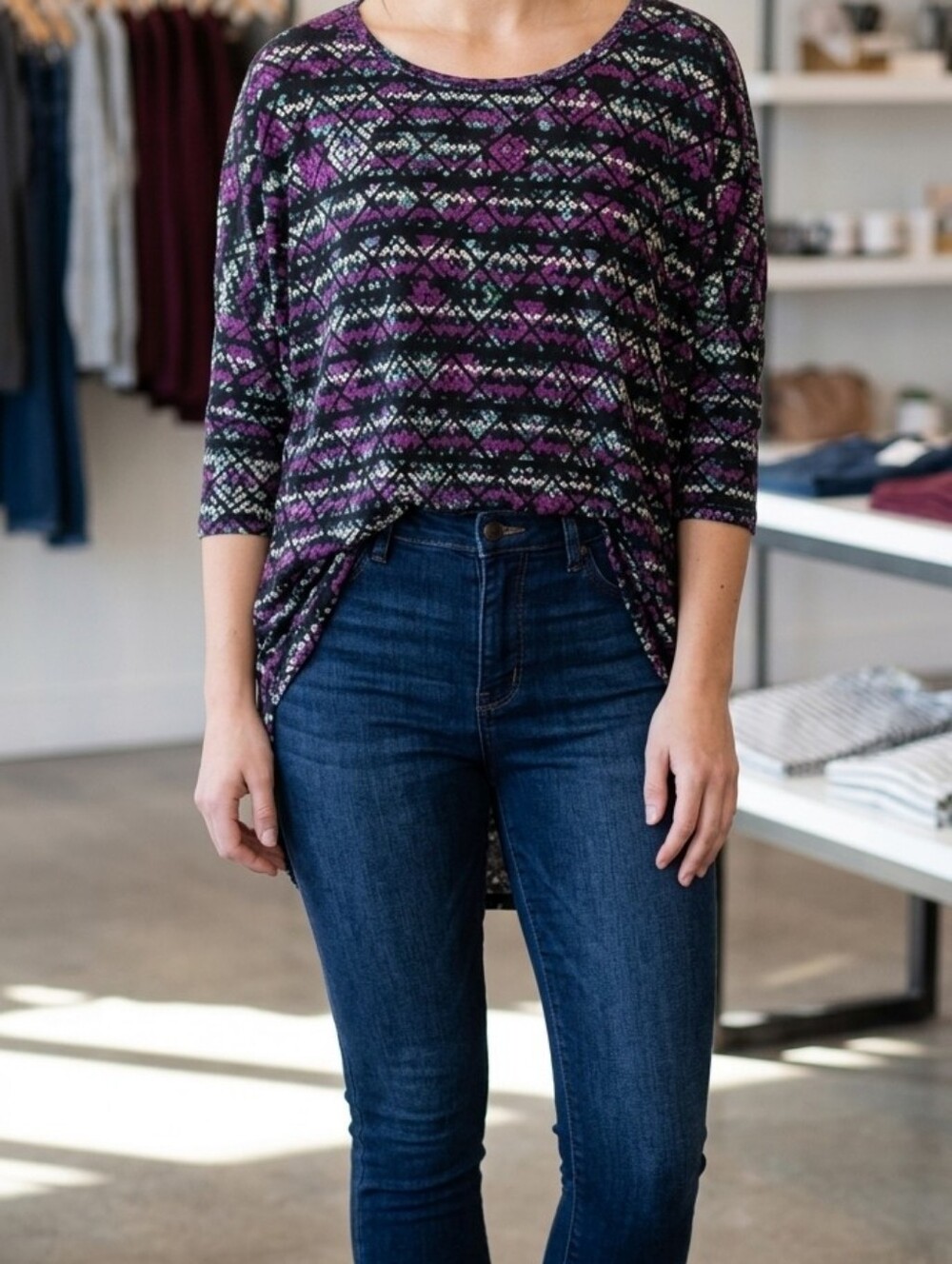 LuLaRoe Irma Tunic Top XL - Black, Purple & Mint Geometric Aztec Print